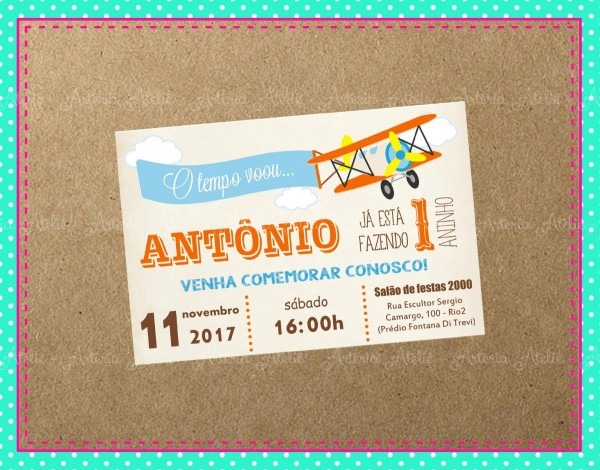 50 convite aniversÃ¡rio 7x10cm festa o tempo voou aviÃ£o balÃ£o