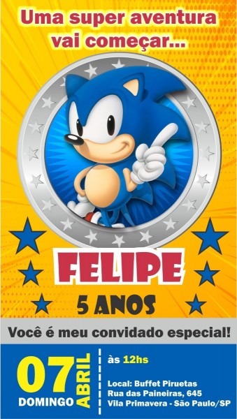 Arte convite digital aniversÃ¡rio sonic para whatsapp