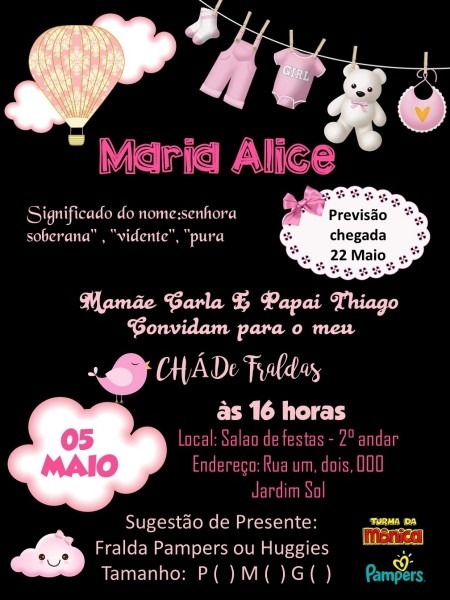 Arte convite digital chÃ¡ bar bebe panela