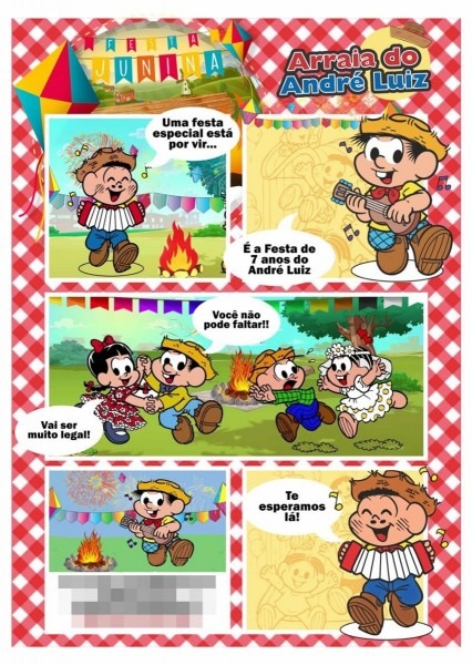 Arte convite digital festa junina sÃ£o joÃ£o chico bento gibi