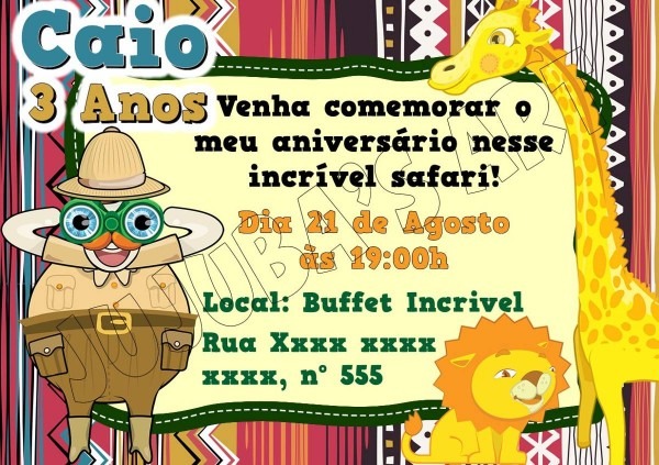 Arte digital convite bita safari para imprimir em casa Arte digital convite bita safari para imprimir em casa