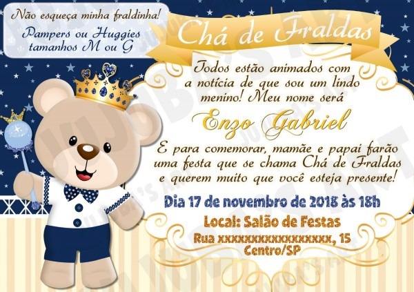 Arte digital convite chá de fraldas bebê urso prÃncipe coroa Arte digital convite chá de fraldas bebê urso prÃncipe coroa
