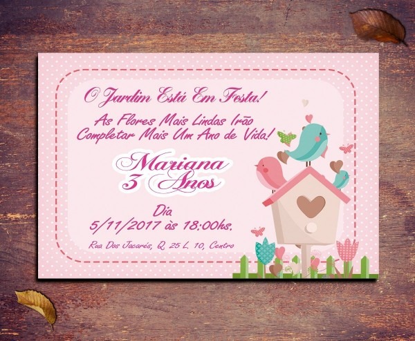 Convite aniversÃ¡rio jardim pÃ¡ssaros 10x15cm