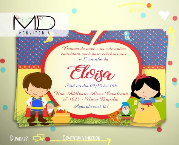 Convite branca de neve cute sem envelope kit 10 unid