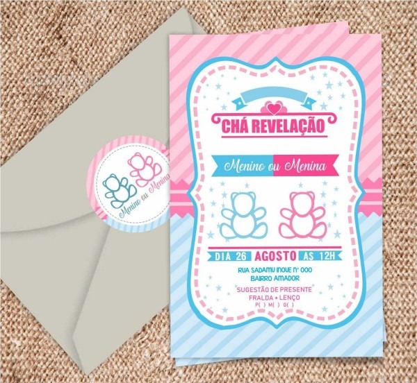 Convite chÃ¡ de bebÃª revelaÃ§Ã£o ursinho + tag + envelope