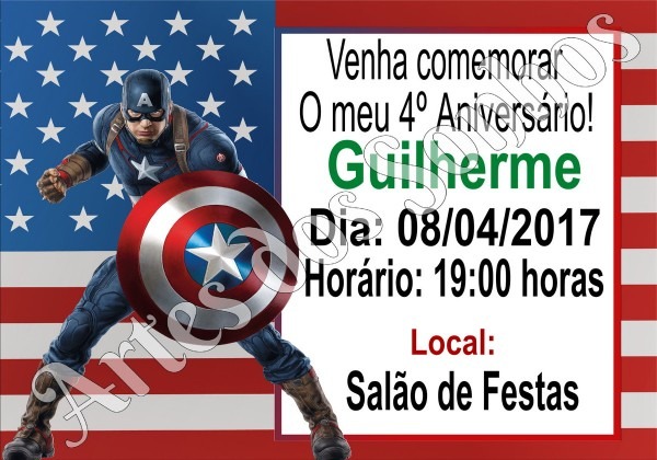 Convite capitÃ£o amÃ©rica com envelope no elo7