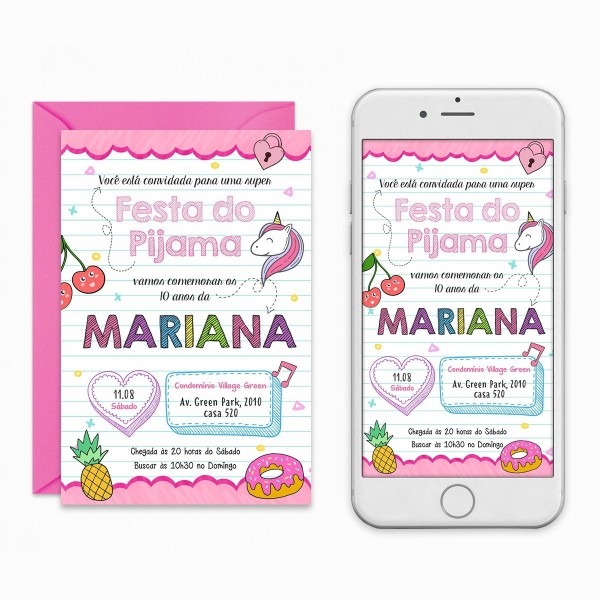 Convite digital festa do pijama unicÃ³rnio adolescente virtua