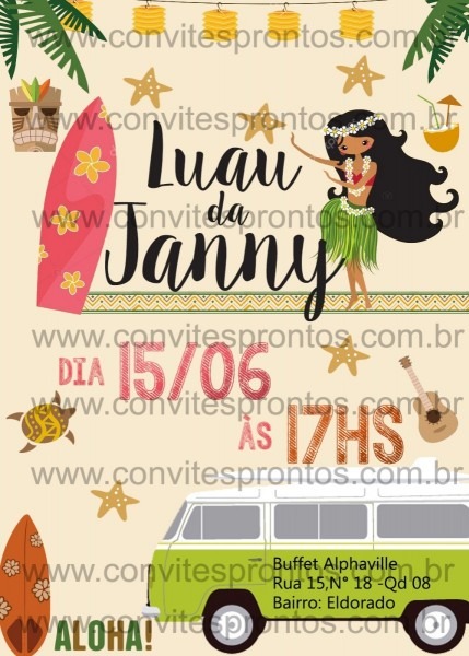 Convite digital tema havai hawaii luau havaiano tropical