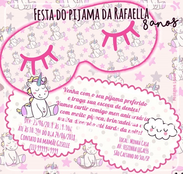 Convite festa do pijama unicÃ³rnio digital virtual no elo7