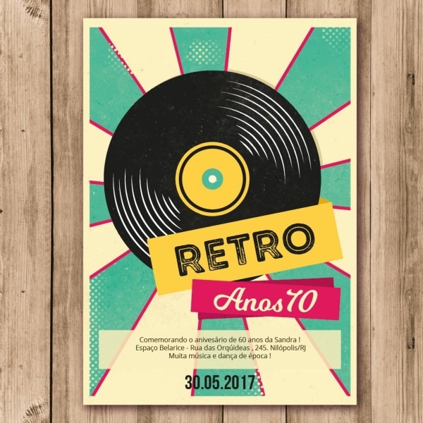 Convite festa retro anos 60 70 80 digital envie por whatsapp no