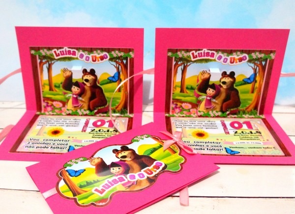 Convite masha e o urso 3d popup no elo7