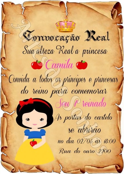 Convite pergaminho branca de neve no elo7 Convite pergaminho branca de neve no elo7