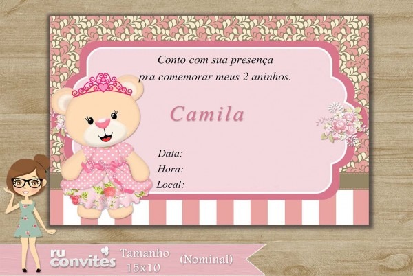 Convite de aniversÃ¡rio ursinha marrom e rosa