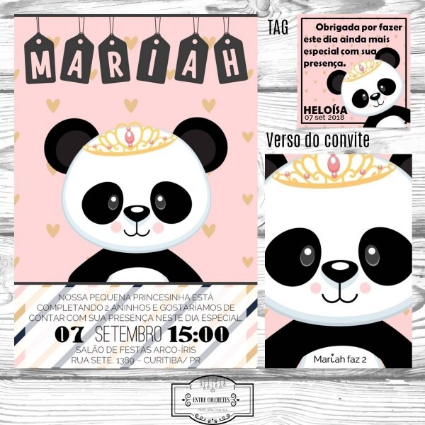 Convite urso panda rosa menina frente e verso
