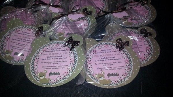 Kit 30 convite aniversÃ¡rio ursinha poÃ¡ marrom e rosa menina