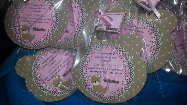 Kit 30 convite aniversÃ¡rio ursinha poÃ¡ marrom e rosa menina