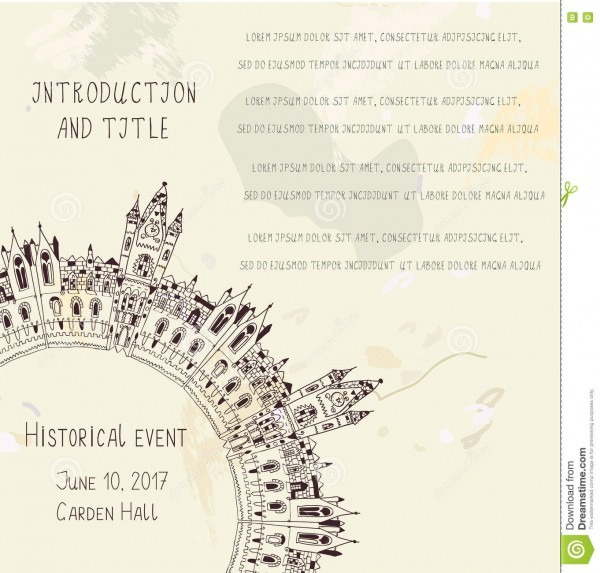 Molde para o convite histórico do evento com castelo ilustração do Molde para o convite histórico do evento com castelo ilustração do
