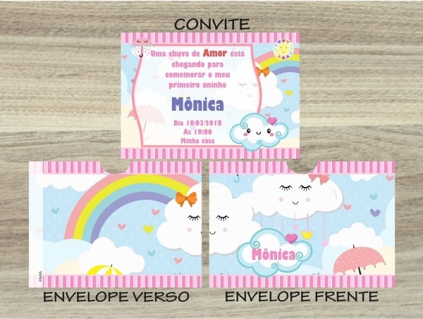 50 convites infantil chuva de amor envelope personalizado