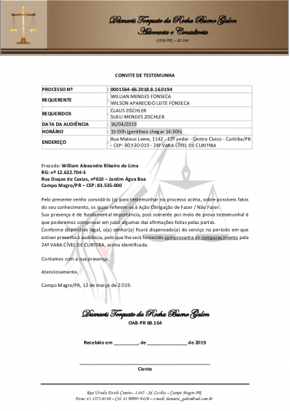 Carta convite testemunhas Carta convite testemunhas