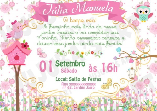 Arte digital convite jardim encantado passarinhos borboletas Arte digital convite jardim encantado passarinhos borboletas