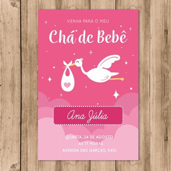 Convite chÃ¡ de bebÃª digital cegonha rosa 10x15 whatsapp