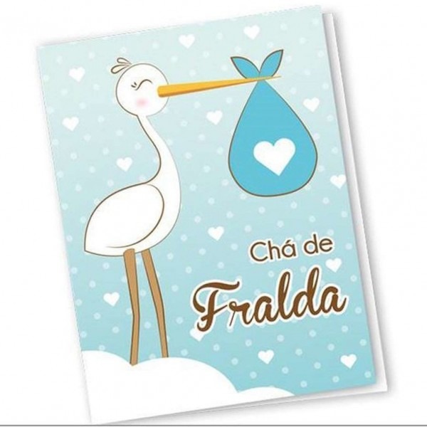 Convite cha de bebe fraldas cegonha azul 100 unidades