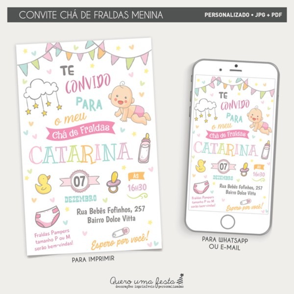Convite chá de fralda rosa Convite chá de fralda rosa
