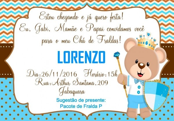 Convite digital chá de fraldas ursinho prÃncipe Convite digital chá de fraldas ursinho prÃncipe