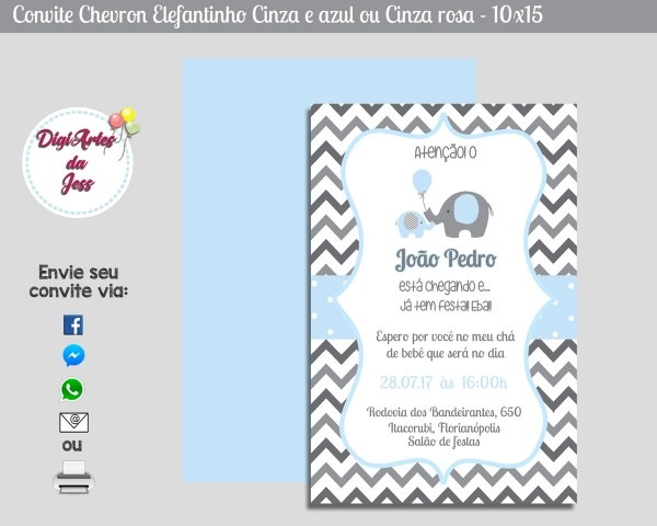 Convite digital chevron elefantinho cinza e azul ou rosa no elo7