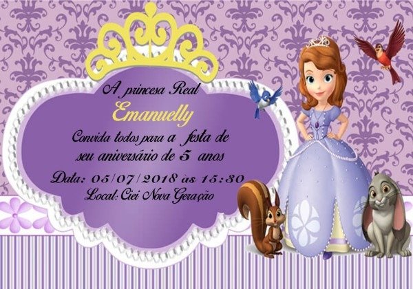 Convite princesa sofia 7x10 no elo7