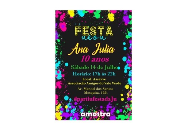 Convite tema neon 10x15 no elo7 Convite tema neon 10x15 no elo7